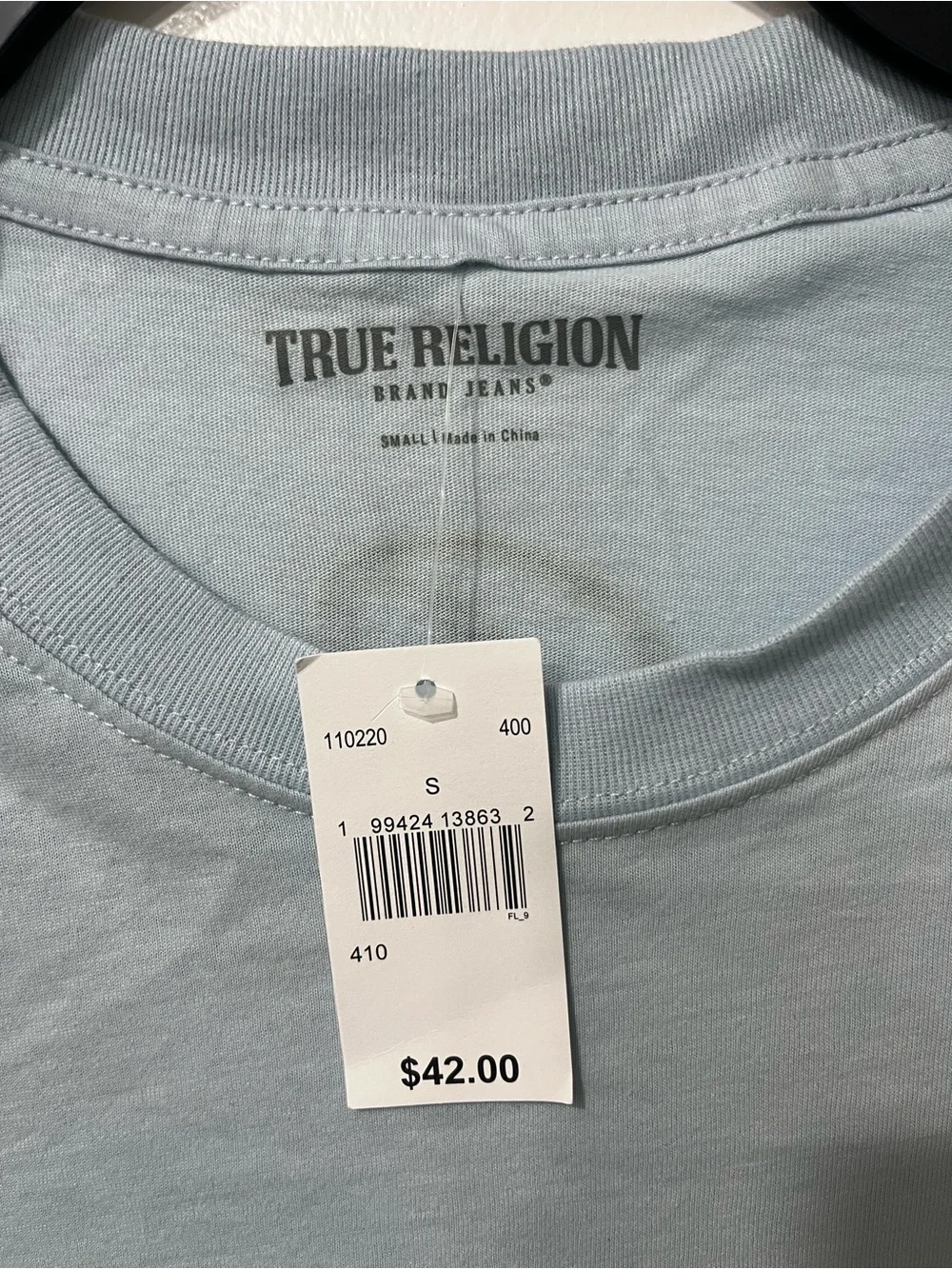 True Religion Light Blue Short-Sleeve Logo Tee with Yellow Accents